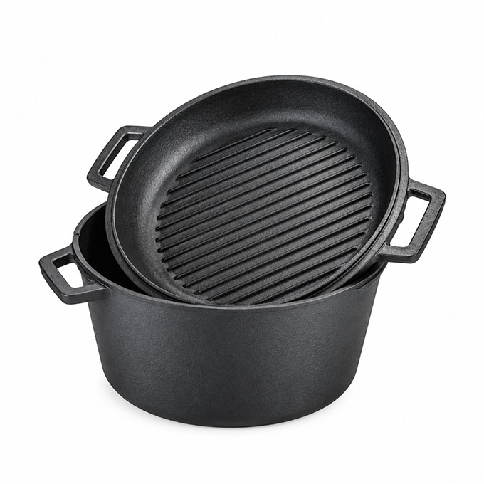 Gietijzeren dubbele braadpan met koekenpandeksel