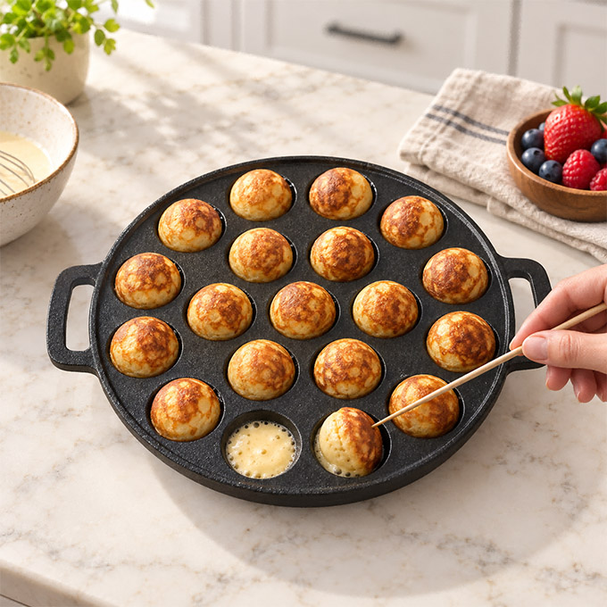 Voorgekruide gietijzeren Aebleskiver-pan met dubbele handgreep