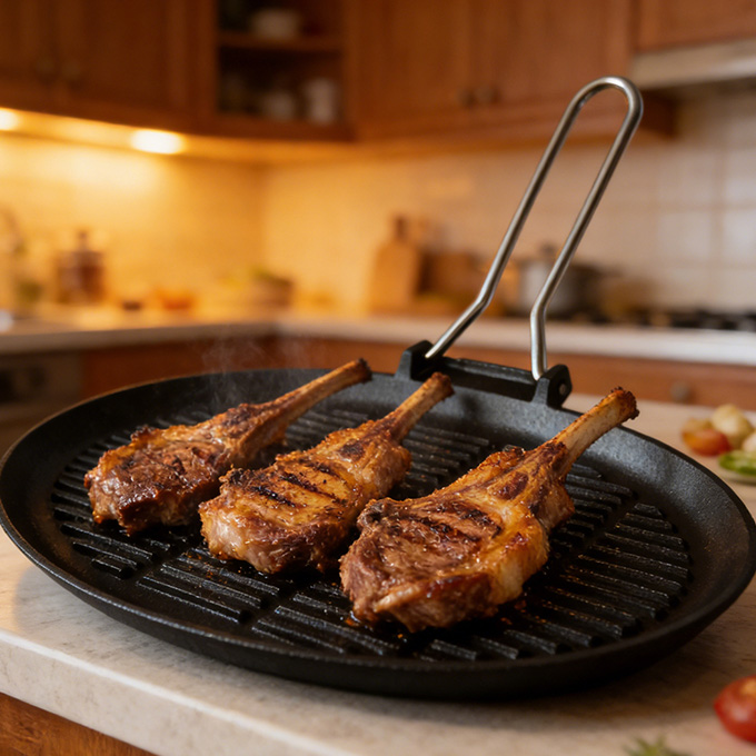 Gietijzeren grillpan met roestvrijstalen handgreep