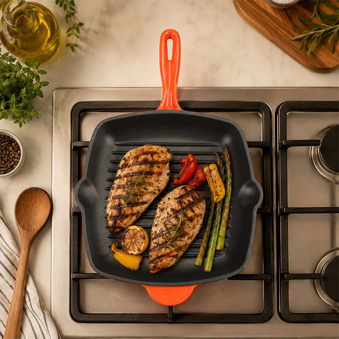 Ge&euml;mailleerde gietijzeren grillpan - vierkante steakkoek met lektuiten