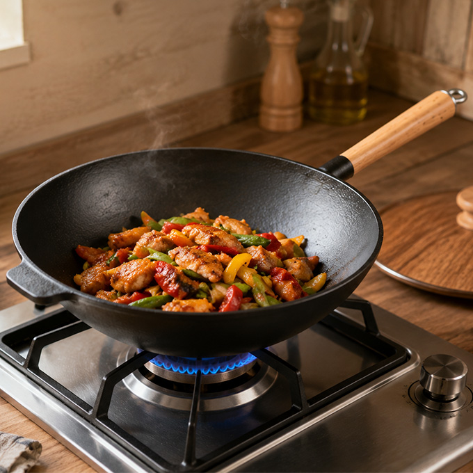 Enkele handgreep 31 cm Voorgekruide gietijzeren wok