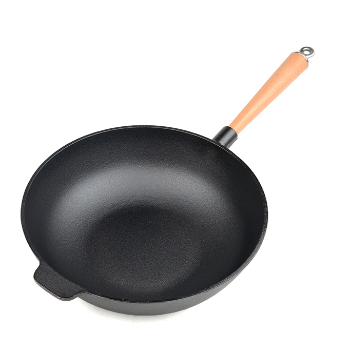 Enkele handgreep 31 cm Voorgekruide gietijzeren wok