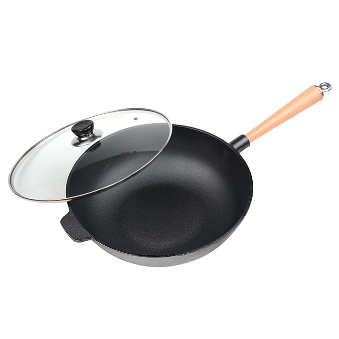Enkele handgreep 31 cm Voorgekruide gietijzeren wok