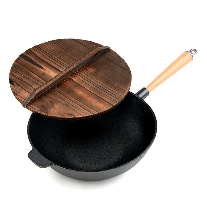 Enkele handgreep 31 cm Voorgekruide gietijzeren wok