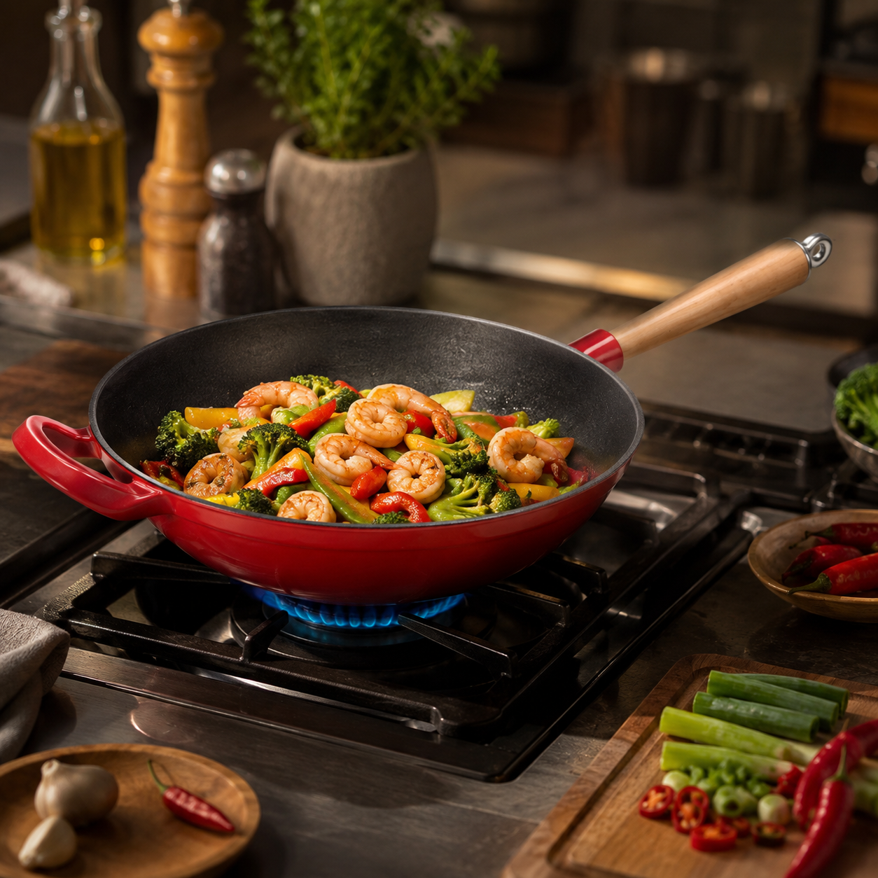 Ge&euml;mailleerde gietijzeren wok met houten handvat