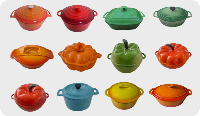 Gietijzeren kookgerei in verschillende kleuren