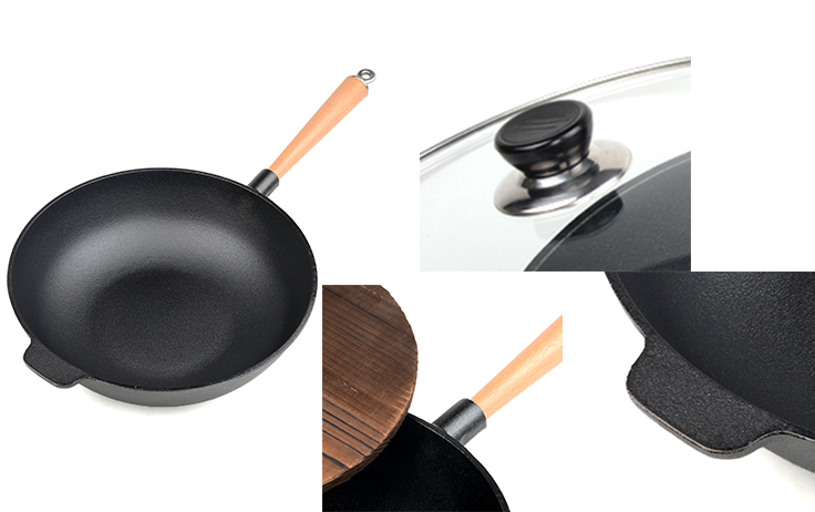 Enkele handgreep 31 cm Voorgekruide gietijzeren wok