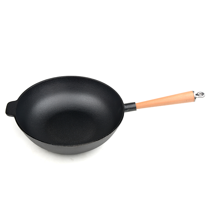 Enkele handgreep 31 cm Voorgekruide gietijzeren wok