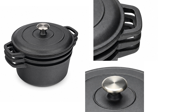 3-delige stapelbare gietijzeren pannenset met deksel