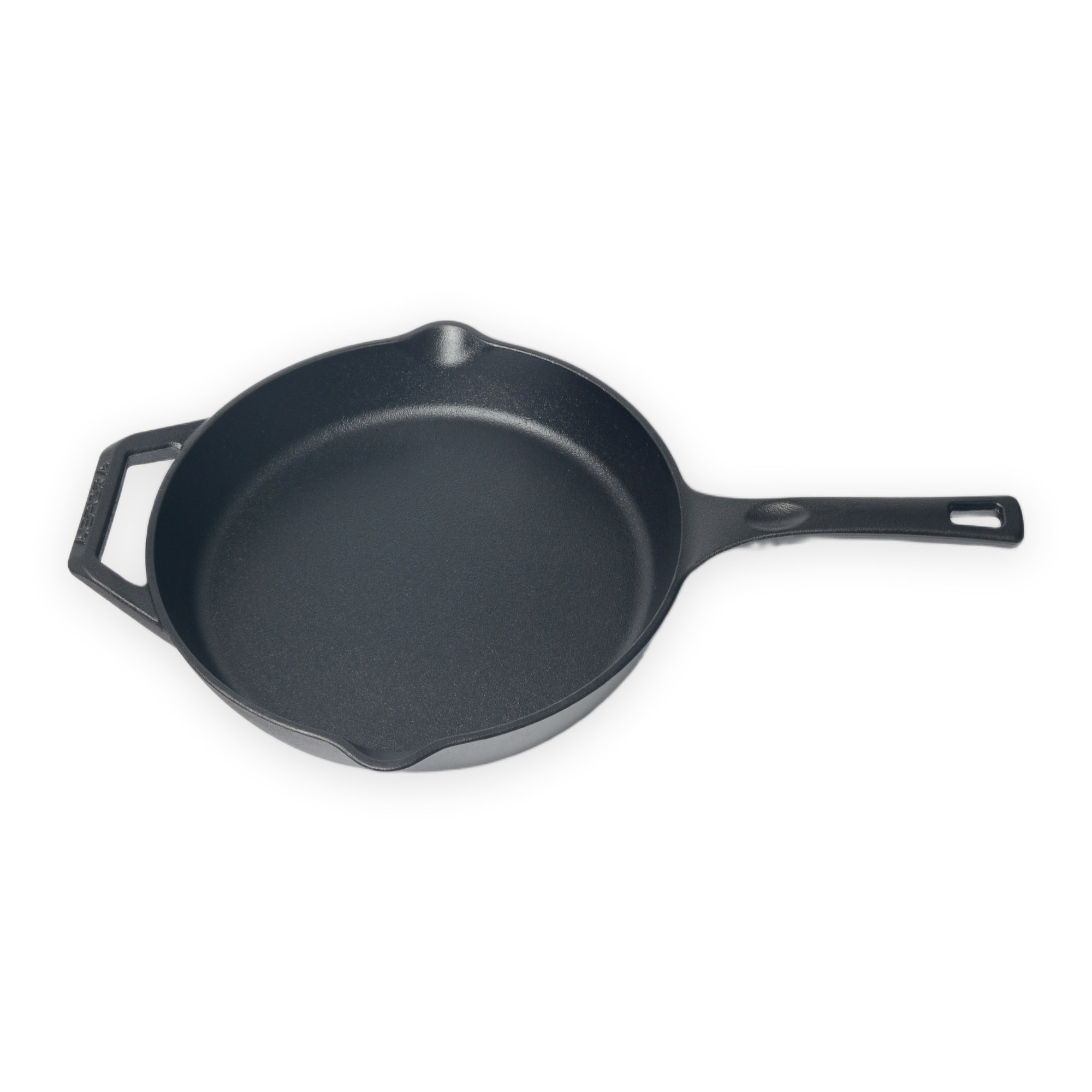 28 cm voorgekruide gietijzeren koekenpan met druivenpitolie en dubbele schenktuiten