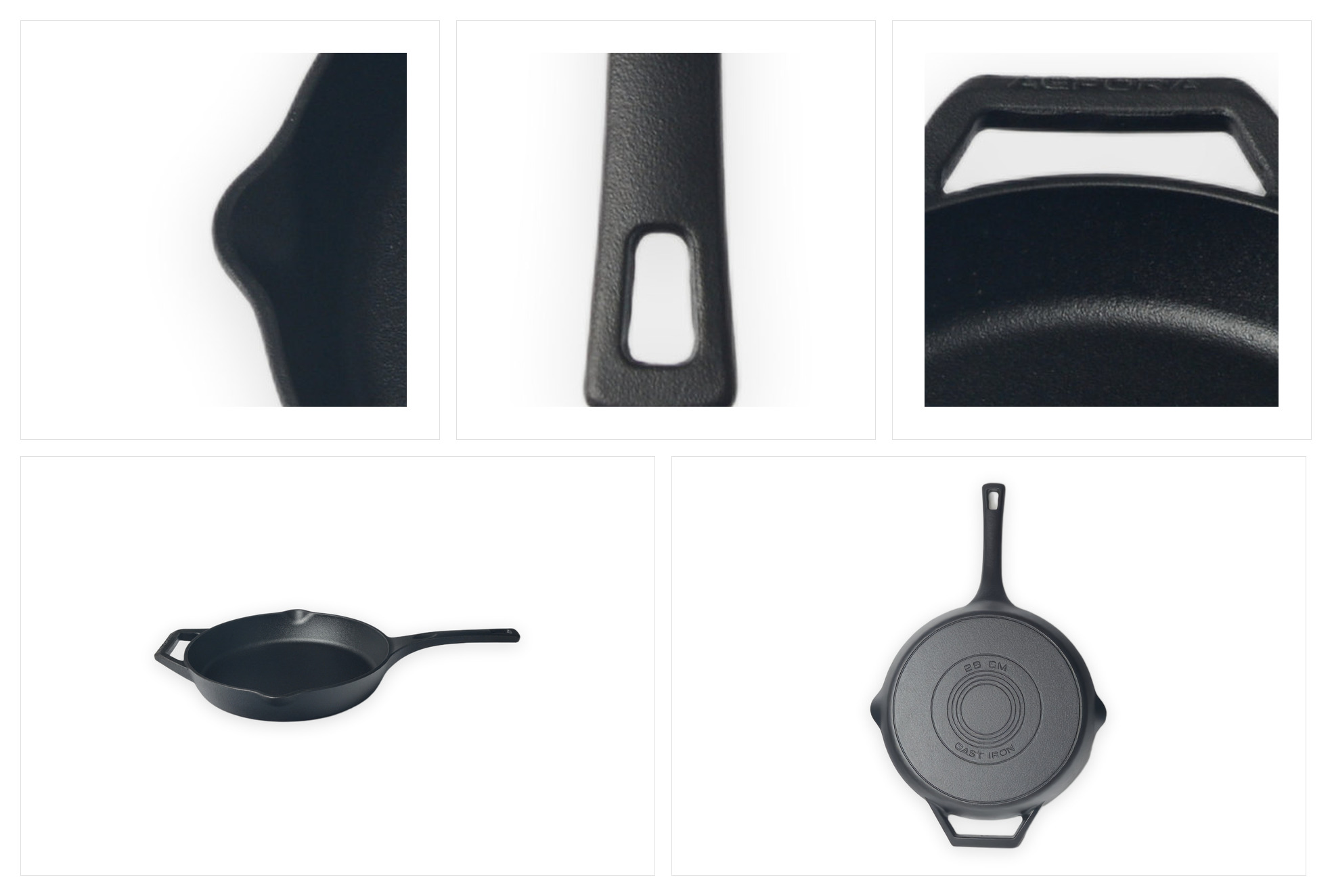 Voorgekruide gietijzeren koekenpan van 28 cm met druivenpitolie en dubbele schenktuit Detail van tuiten